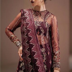 Zarposh  Burgundy Embroidered Long Sleeve Dress